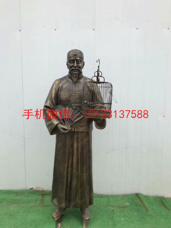 古代人物手托鸟笼雕塑 玻璃钢仿铜人物雕塑4